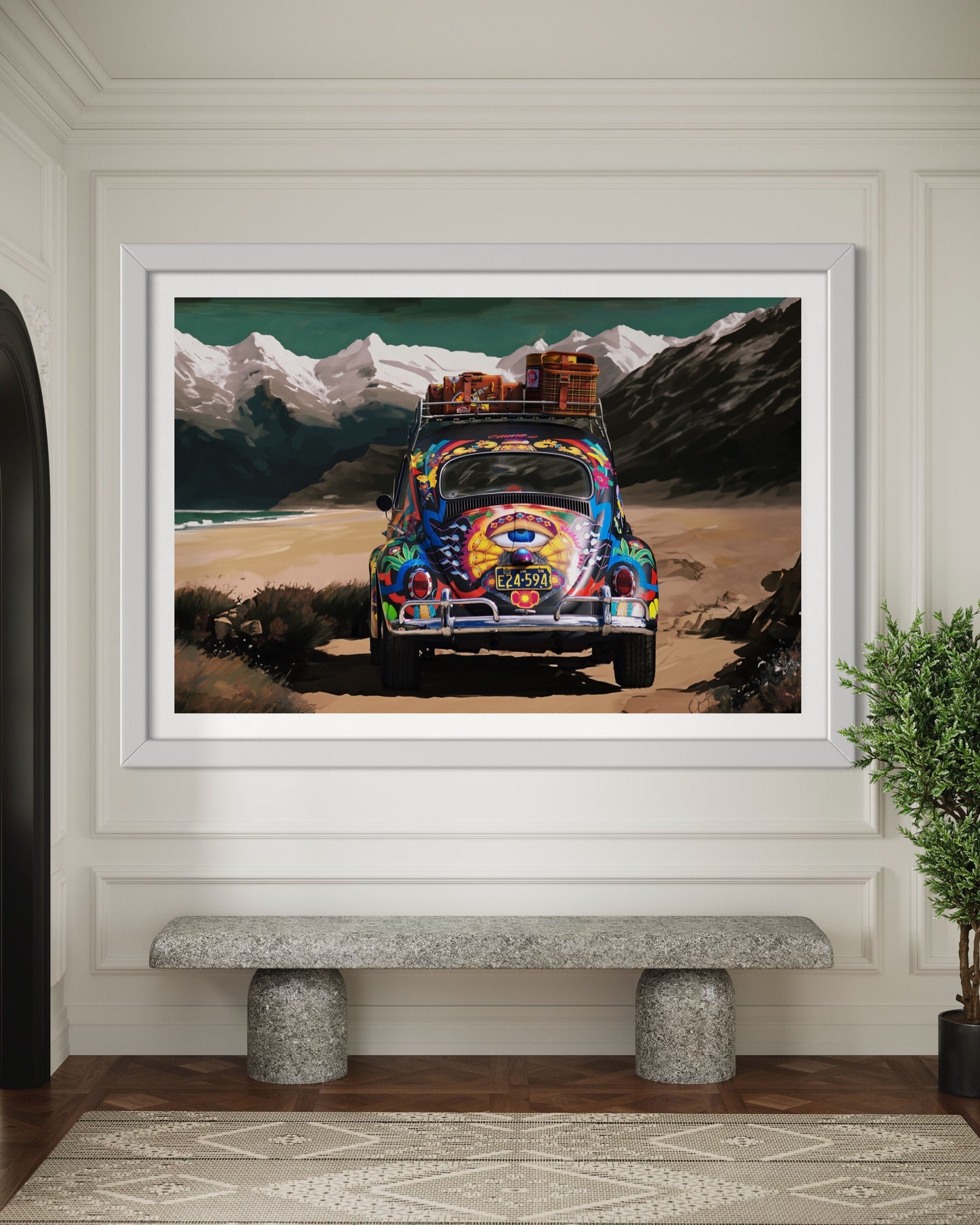 Psychedelic VW Beetle Car Poster - Adventurous Mountain Road Trip Wall Art - Hippie Decor for Travel Lovers Print