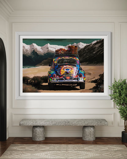 Psychedelic VW Beetle Car Poster - Adventurous Mountain Road Trip Wall Art - Hippie Decor for Travel Lovers Print