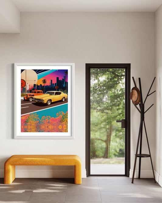 Sunset Boulevard Vintage Car Poster - Retro 70s Muscle Car Wall Art - Colorful Urban Road Trip Decor Fine art Print