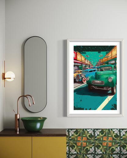 Vintage Pin-Up Aesthetic Poster : 1940s & 1950s Trucks from Deadman's Curve - Retro Blue Green Hues under Bright Sky