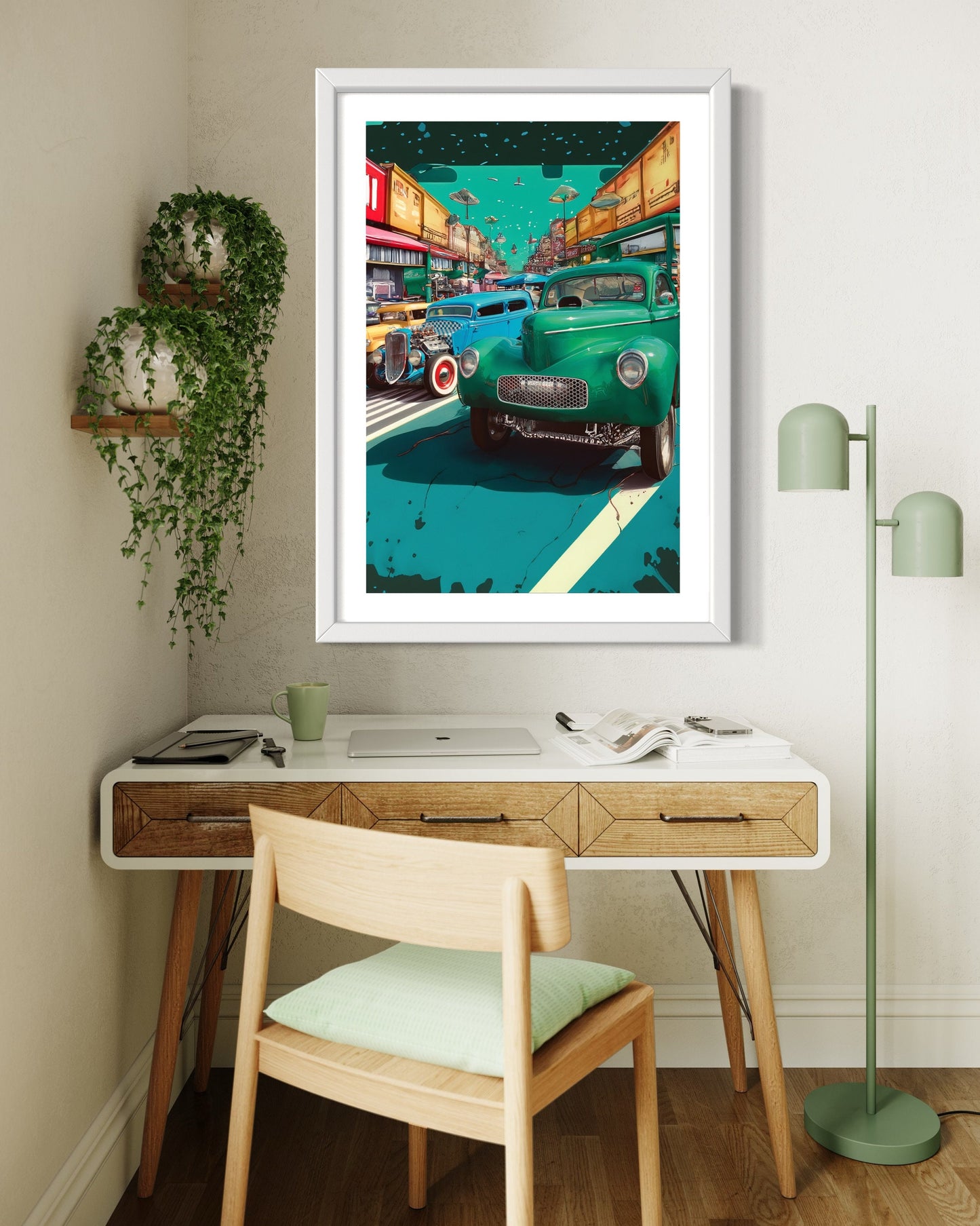 Vintage Pin-Up Aesthetic Poster : 1940s & 1950s Trucks from Deadman's Curve - Retro Blue Green Hues under Bright Sky