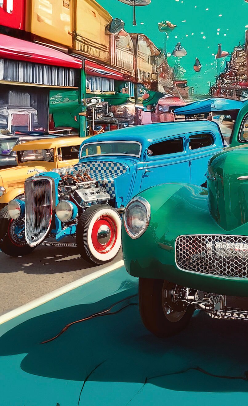 Vintage Pin-Up Aesthetic Poster : 1940s & 1950s Trucks from Deadman's Curve - Retro Blue Green Hues under Bright Sky
