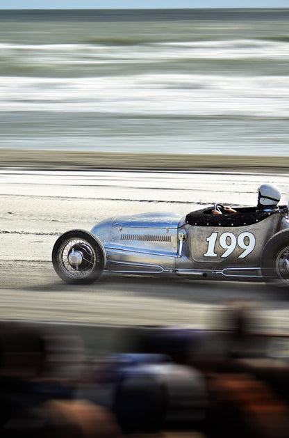 Beach Drag Race Art Print: Chrome Rat Rod #199 Amidst Ocean, Beach, Sand - Perfect Fusion of Vintage Americana