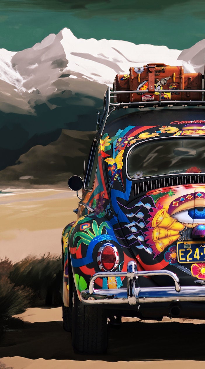 Psychedelic VW Beetle Car Poster - Adventurous Mountain Road Trip Wall Art - Hippie Decor for Travel Lovers Print