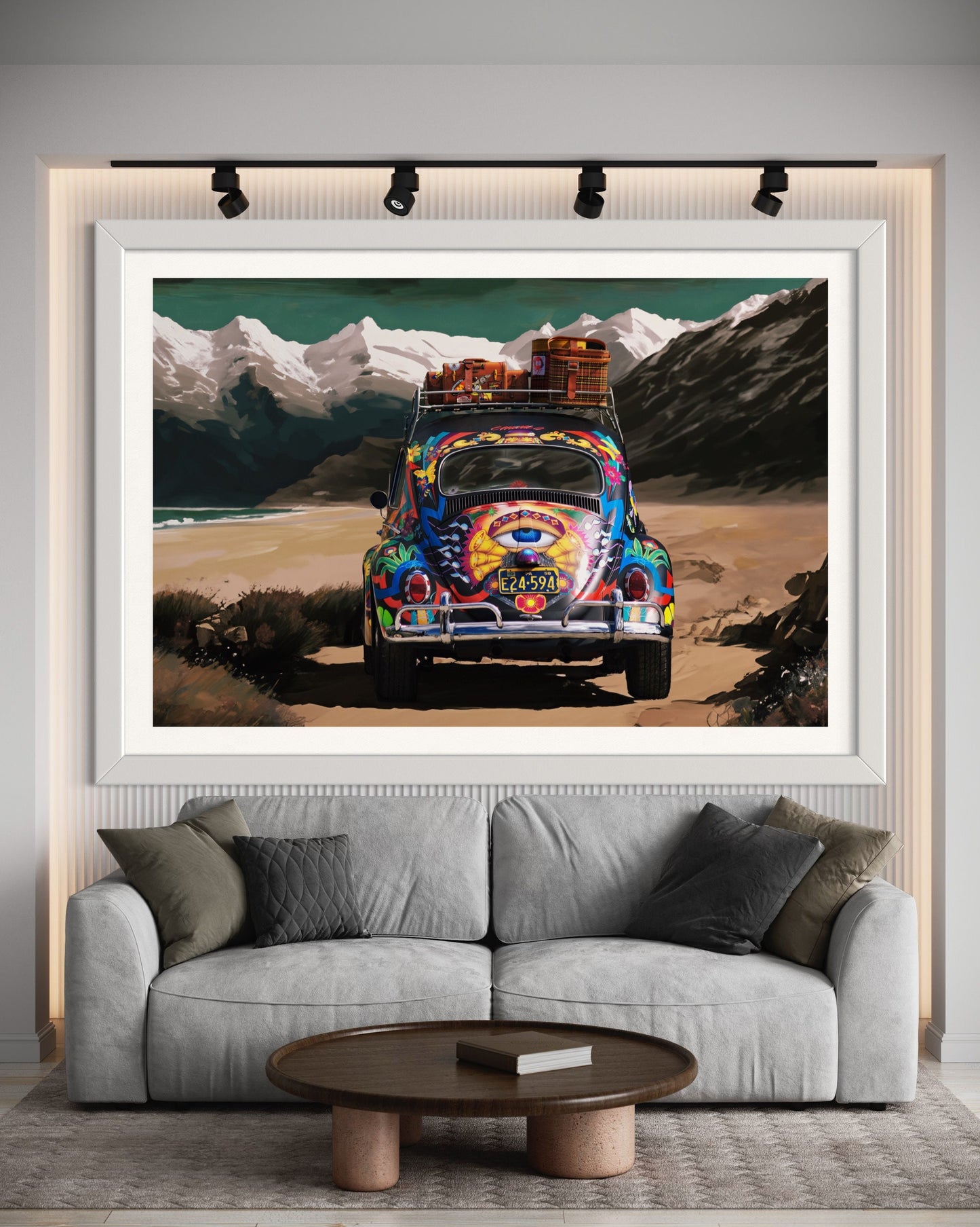 Psychedelic VW Beetle Car Poster - Adventurous Mountain Road Trip Wall Art - Hippie Decor for Travel Lovers Print