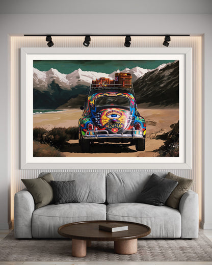 Psychedelic VW Beetle Car Poster - Adventurous Mountain Road Trip Wall Art - Hippie Decor for Travel Lovers Print