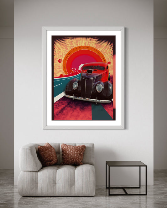 Sunset Boulevard Vintage Car Poster - Retro 70s Muscle Car Wall Art - Colorful Urban Road Trip Decor Fine art Print