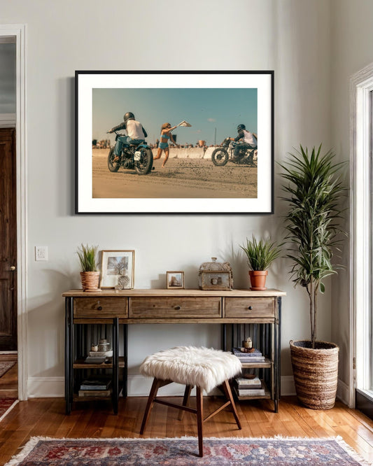 Fine Art Print -  Flag Girl & Vintage Motorcycle Race Start - Beach Drag Racing Wall Art - TROG Poster, housewarming gift, garage, man cave