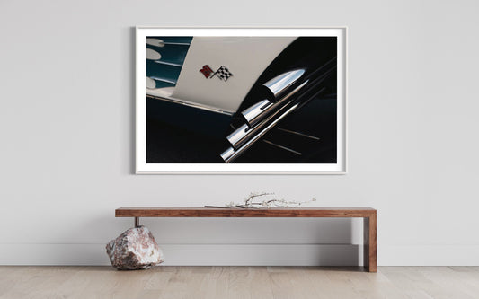Fine Art Print -  Hotrod Corvette with Side Pipes - Racing Flag, White Blue - Gift for him, Garage Decor ideas, Vintage Americana Decor