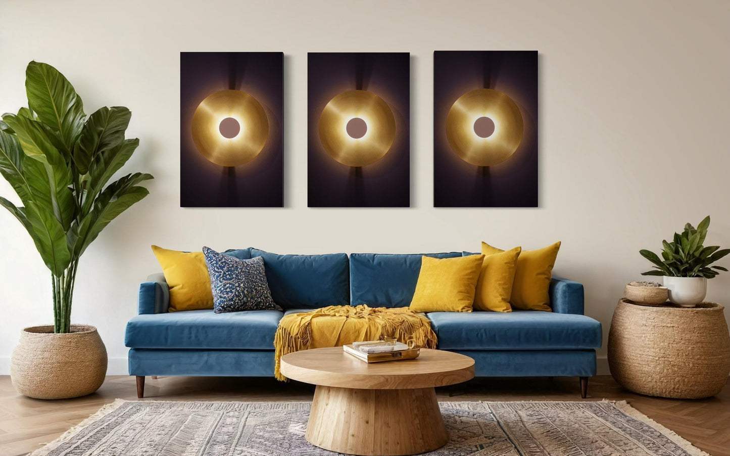 Golden Aura Wall Art Series - Set of 3 Minimalist Light Circle Print for Modern Home Decor