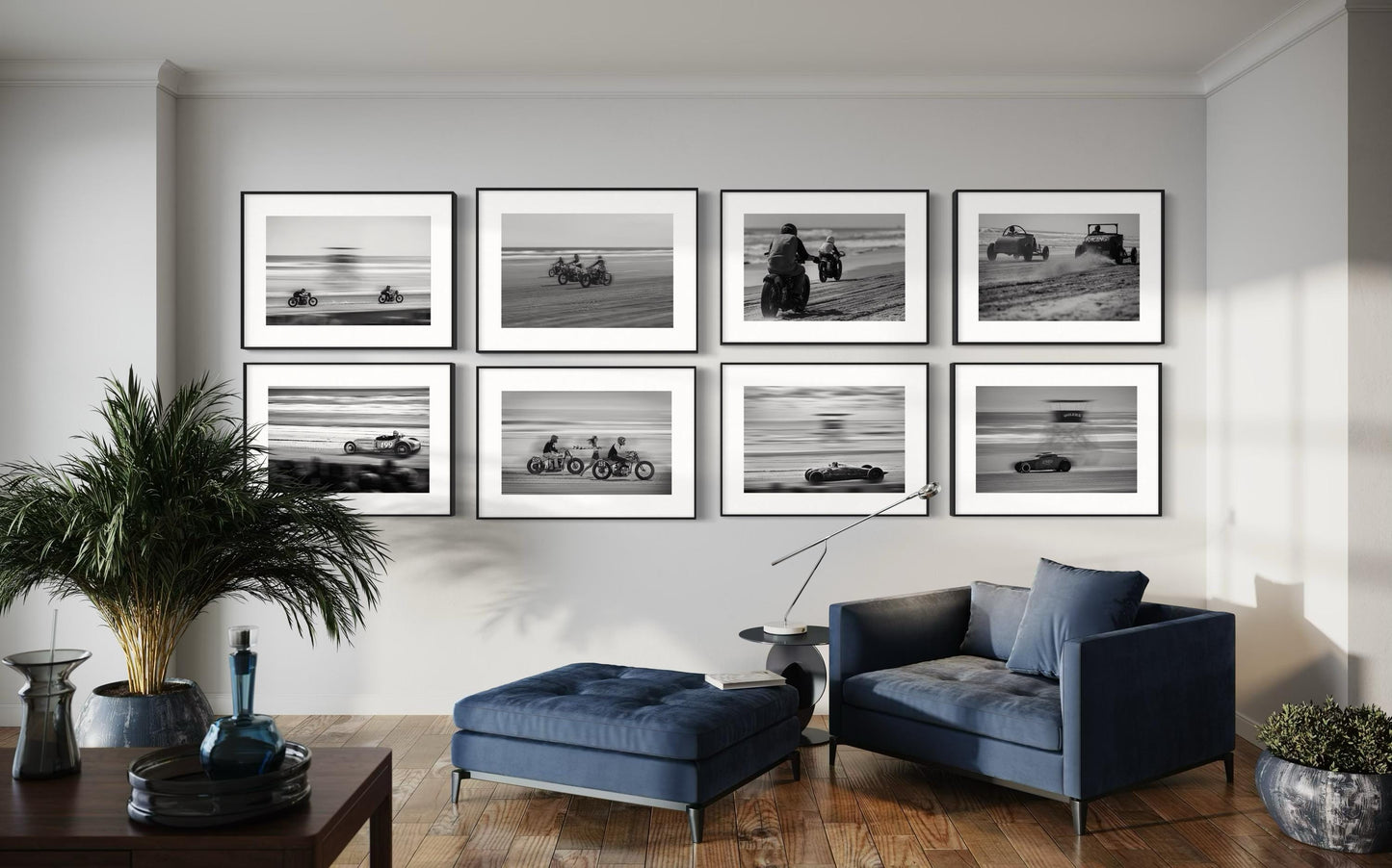 Fine Art Racing Wall Art Collection - Set of 8 Black White Monochrome Beach Drag Racing Wall Art - Hotrod Motorcycle Print Poster - TROG