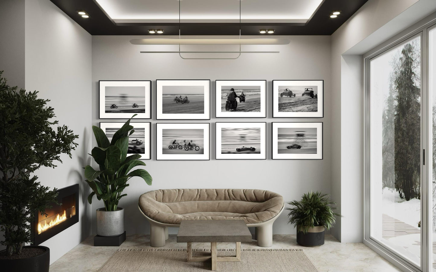 Fine Art Racing Wall Art Collection - Set of 8 Black White Monochrome Beach Drag Racing Wall Art - Hotrod Motorcycle Print Poster - TROG