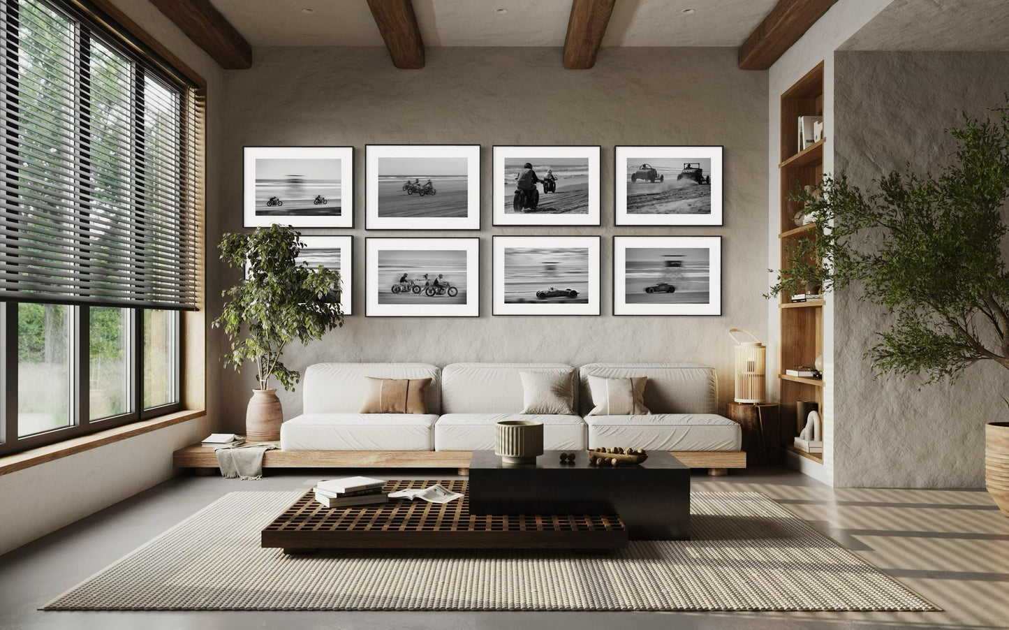 Fine Art Racing Wall Art Collection - Set of 8 Black White Monochrome Beach Drag Racing Wall Art - Hotrod Motorcycle Print Poster - TROG