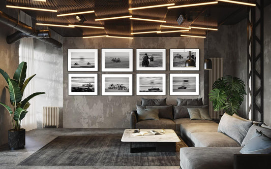 Fine Art Racing Wall Art Collection - Set of 8 Black White Monochrome Beach Drag Racing Wall Art - Hotrod Motorcycle Print Poster - TROG