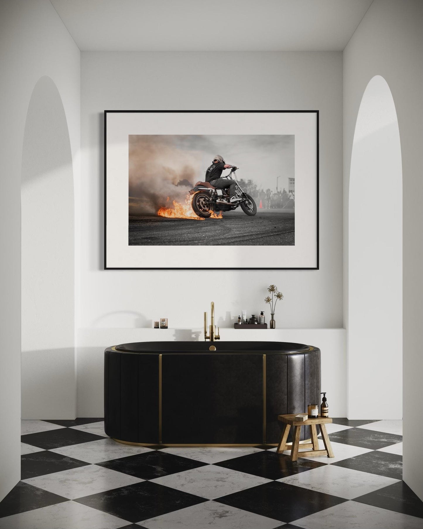 Fine Art Print - Motorcycle Stunt Fire Burnout Wall Art, Bold Harley Davidson Dyna Poster for Office, Garage, Workshop, Bar, Man Cave Decor