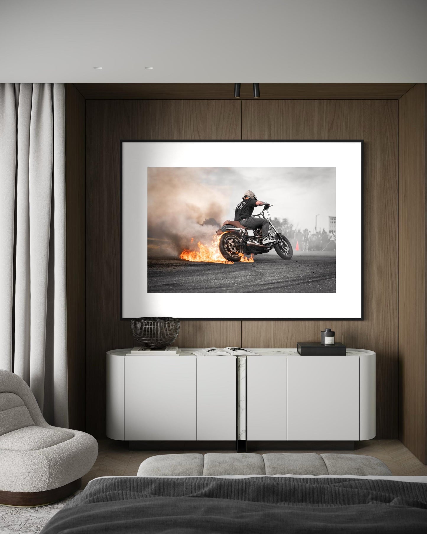 Fine Art Print - Motorcycle Stunt Fire Burnout Wall Art, Bold Harley Davidson Dyna Poster for Office, Garage, Workshop, Bar, Man Cave Decor