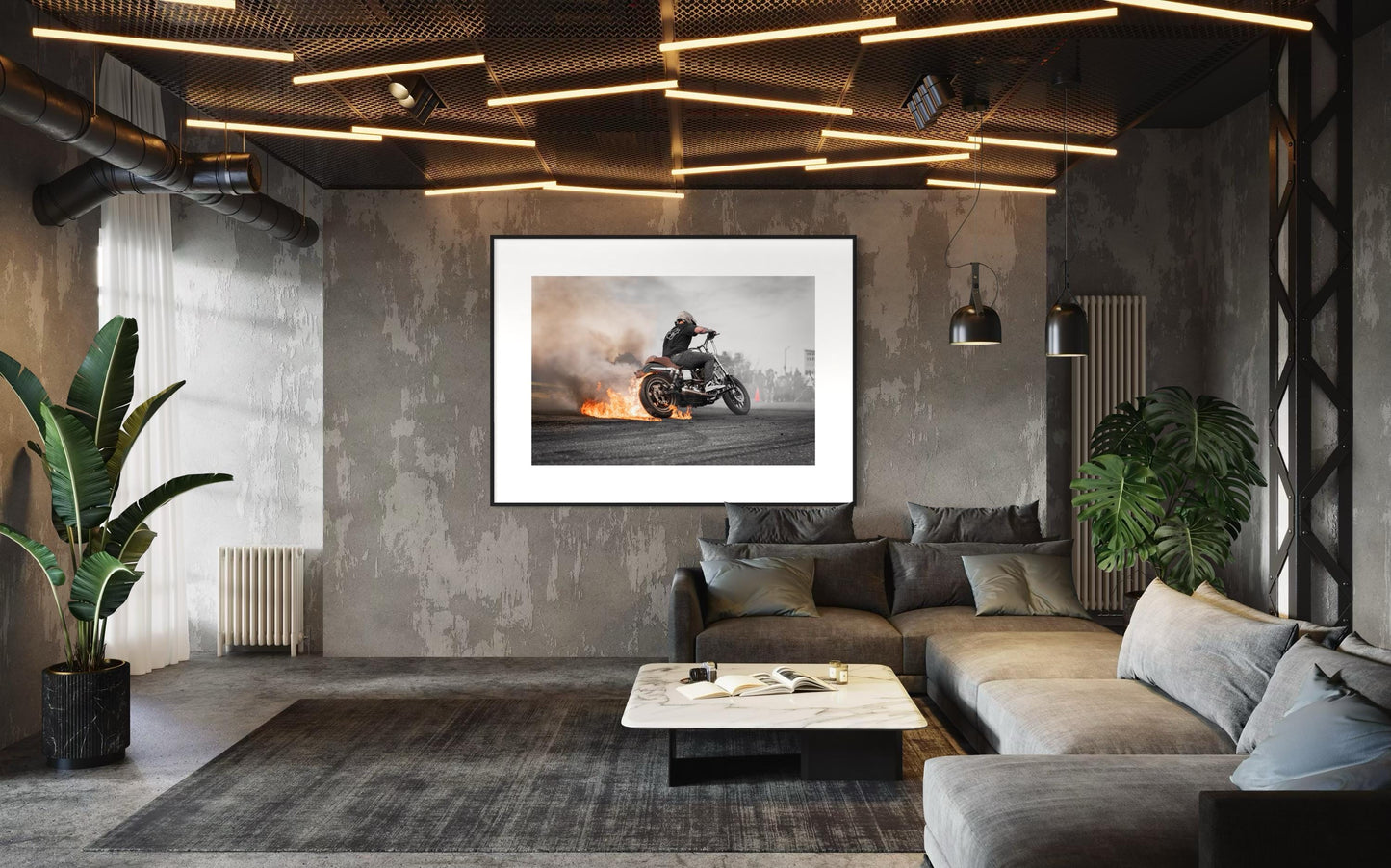 Fine Art Print - Motorcycle Stunt Fire Burnout Wall Art, Bold Harley Davidson Dyna Poster for Office, Garage, Workshop, Bar, Man Cave Decor