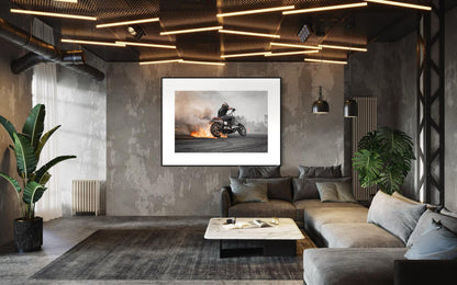 Fine Art Print - Motorcycle Stunt Fire Burnout Wall Art, Bold Harley Davidson Dyna Poster for Office, Garage, Workshop, Bar, Man Cave Decor