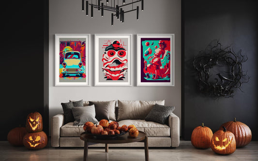 Set of 3 Fine ARt Prints - Music, Classic Cars, and Artistic Expression Print for Modern Minimalist Home Decor - Colorful Display Energy