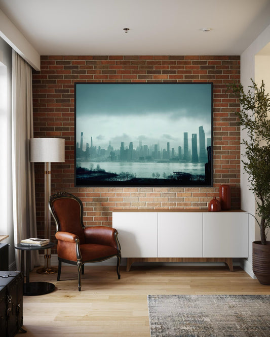 Moody New York City Hudson River Skyline  - Foggy NYC Skyline Wall Art Print | Urban Industrial Landscape Photography Poster - West Side