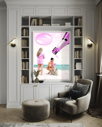 Fine Art Print - Champagne Beach Girl Problems - Champagne Print, Pink Wall Art, Cocktail Print, Bar Cart Decor, Pink Decor, Gil Stunner