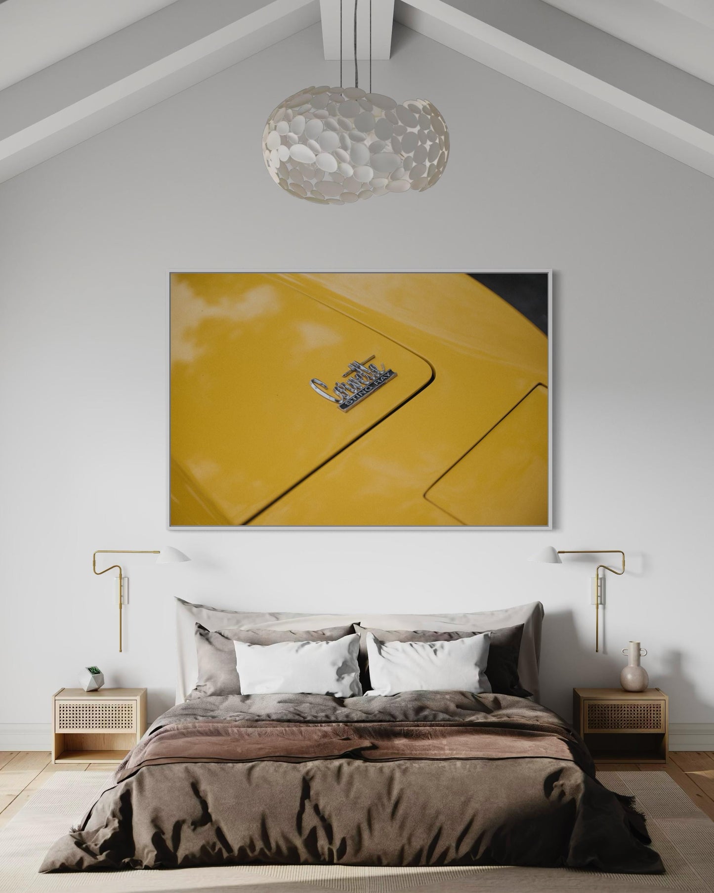 Classic Corvette Sting Ray Muscle Car Wall Art - Modern Yellow Energy Classic American Car Print - Minimalist Clean Sleek Decor Poster