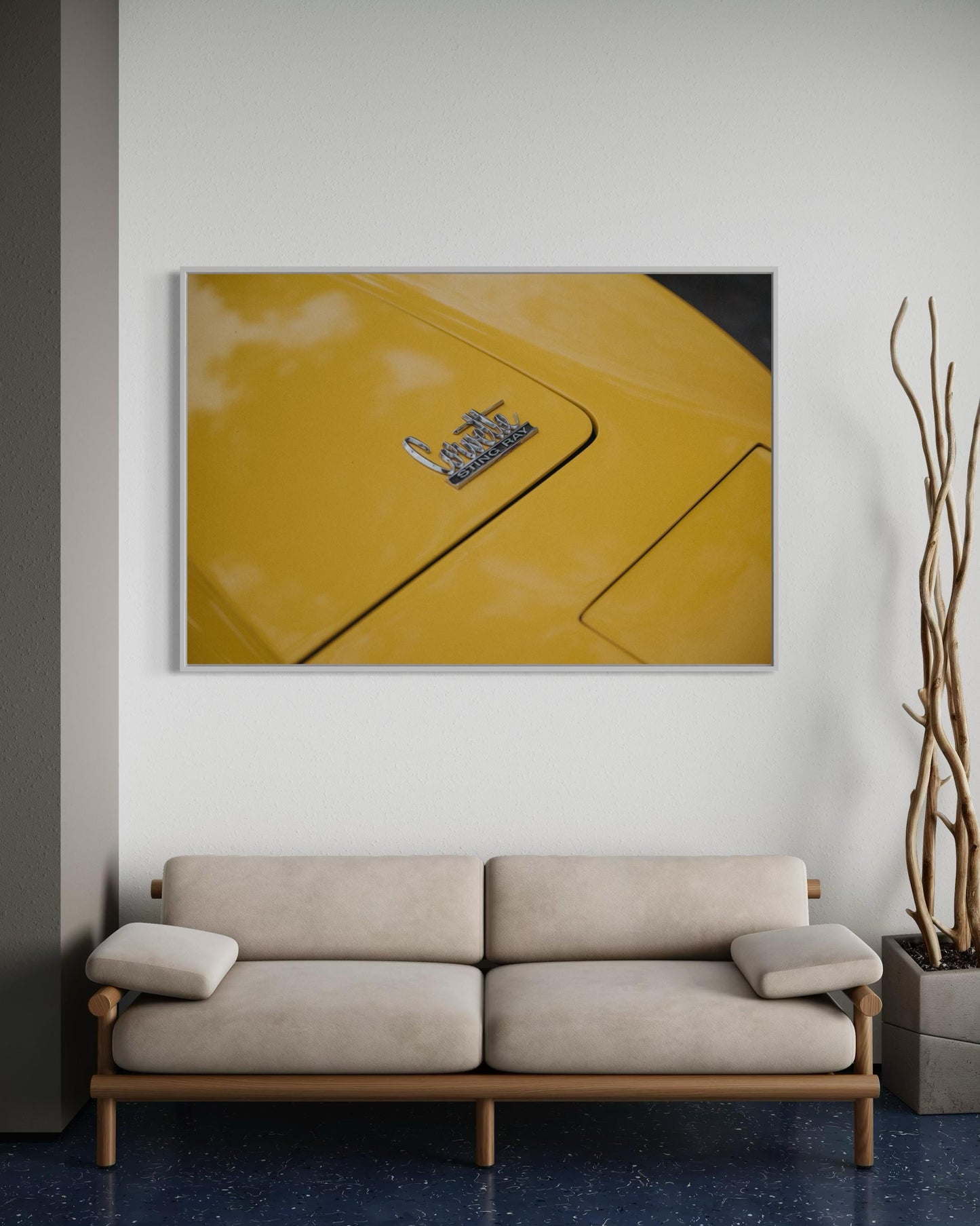 Classic Corvette Sting Ray Muscle Car Wall Art - Modern Yellow Energy Classic American Car Print - Minimalist Clean Sleek Decor Poster