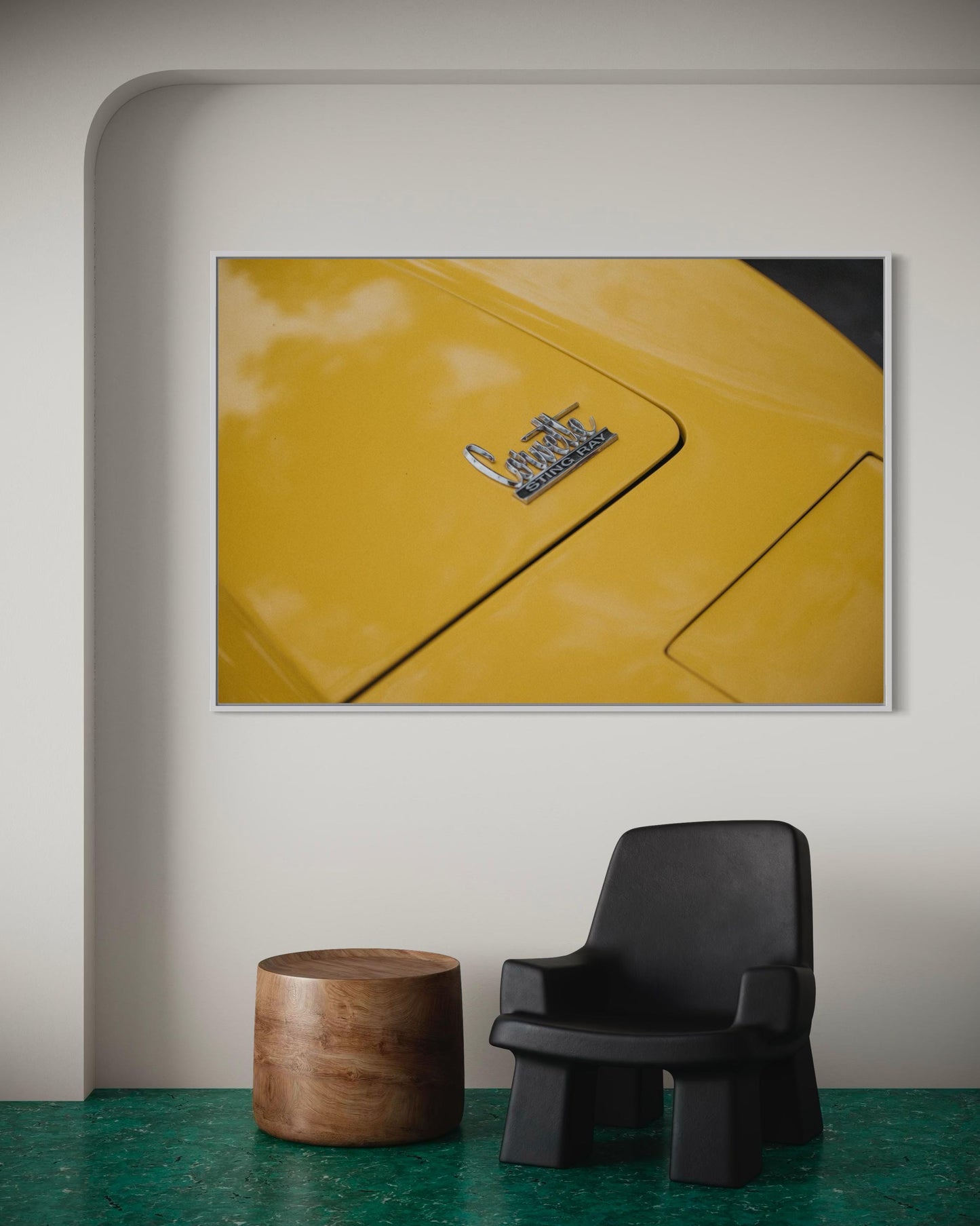 Classic Corvette Sting Ray Muscle Car Wall Art - Modern Yellow Energy Classic American Car Print - Minimalist Clean Sleek Decor Poster