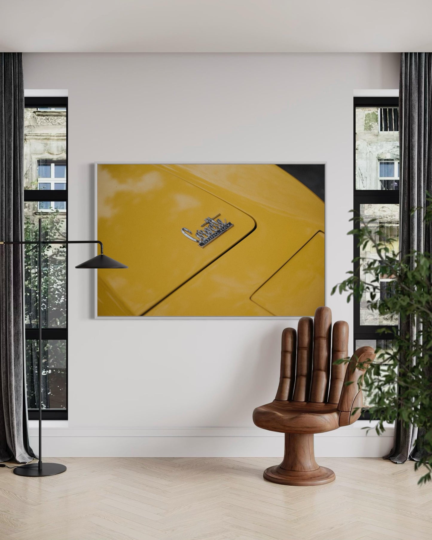 Classic Corvette Sting Ray Muscle Car Wall Art - Modern Yellow Energy Classic American Car Print - Minimalist Clean Sleek Decor Poster