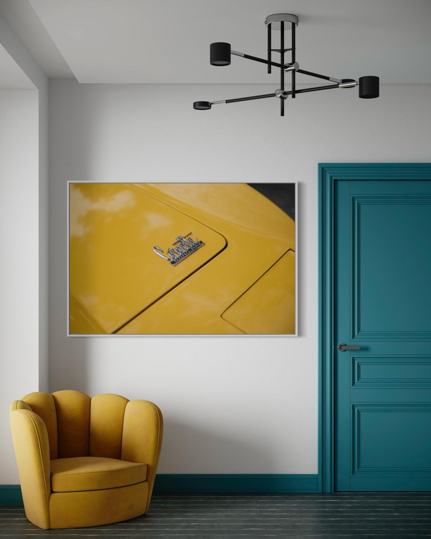 Classic Corvette Sting Ray Muscle Car Wall Art - Modern Yellow Energy Classic American Car Print - Minimalist Clean Sleek Decor Poster