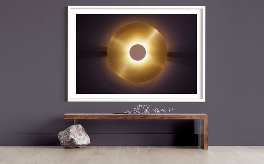 Golden Grooves: Vintage Gold Disc Record with Warm Backlight - Modern Mood Wall Accent Photo Print Art Poster