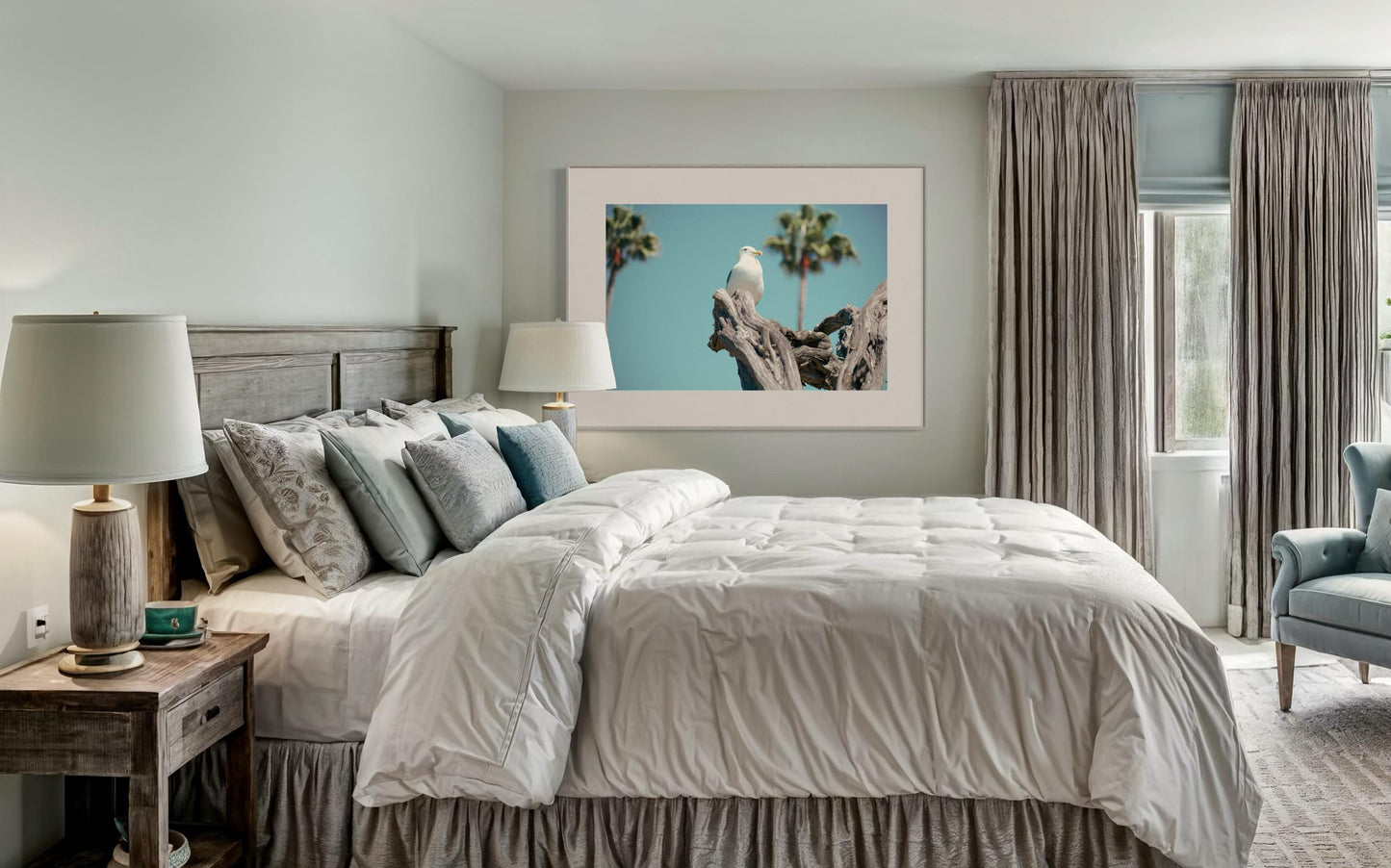 Fine Art Print - Seagull Coastal Wall Art - Minimalist Bird Photography Print, Aqua and Driftwood Beach Decor, California Miami Home Art