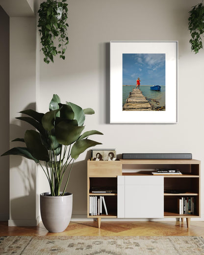 Rustic Pier Photography Print, Coastal Beach House Wall Art, Red Dress and Blue Boat Seascape, Limited Edition Decor - Banksy Art Inspired