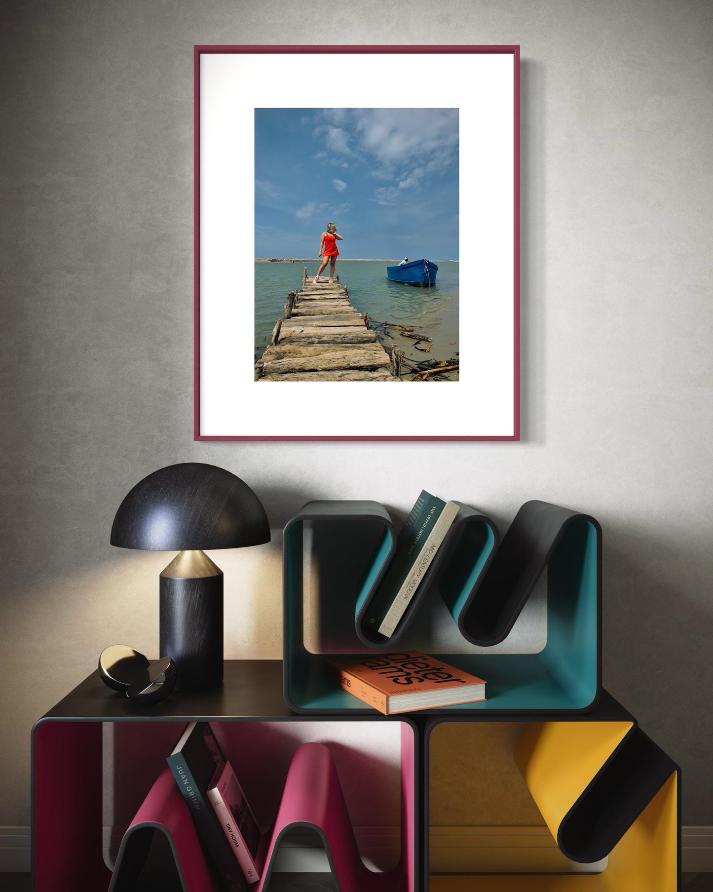 Rustic Pier Photography Print, Coastal Beach House Wall Art, Red Dress and Blue Boat Seascape, Limited Edition Decor - Banksy Art Inspired