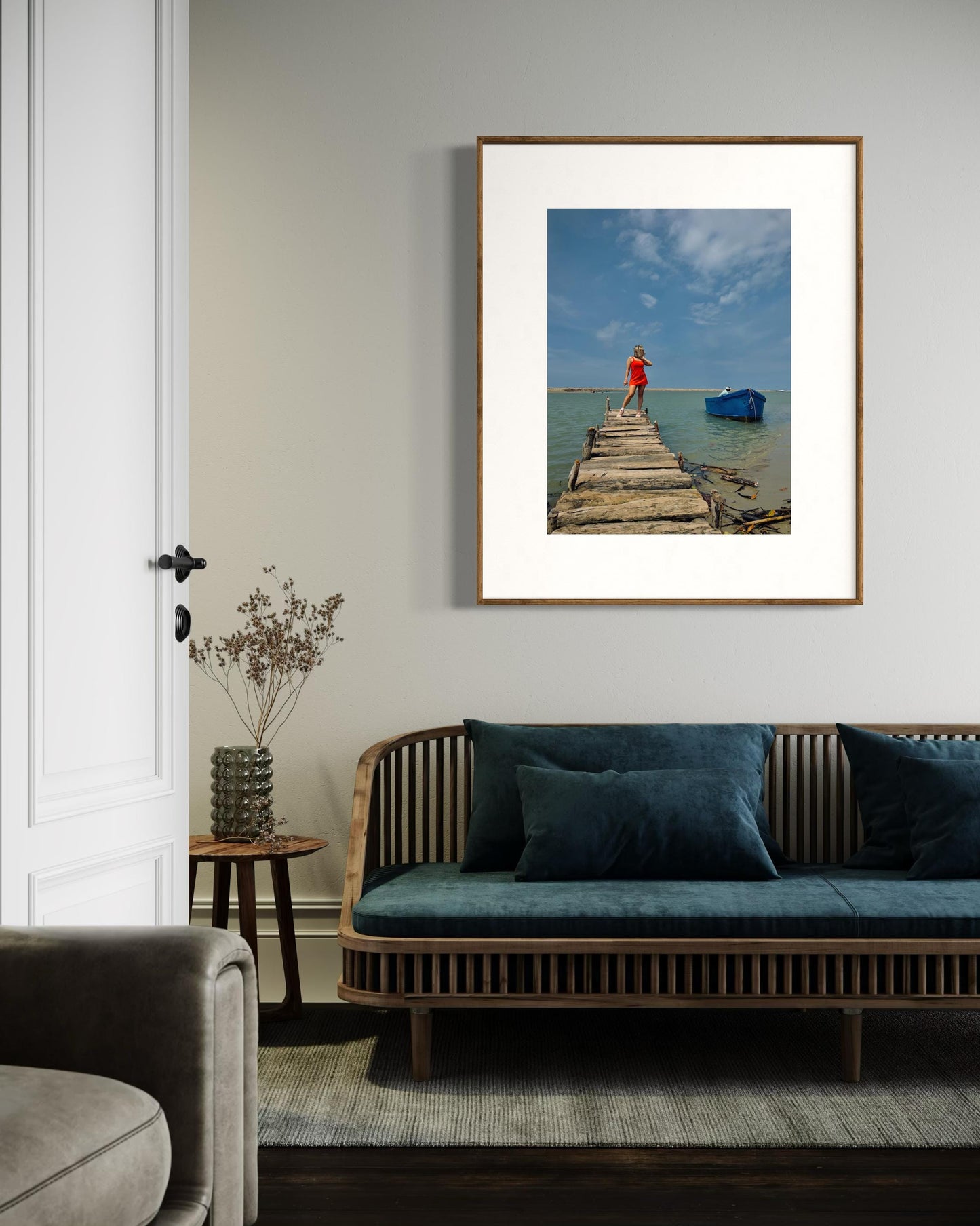 Rustic Pier Photography Print, Coastal Beach House Wall Art, Red Dress and Blue Boat Seascape, Limited Edition Decor - Banksy Art Inspired
