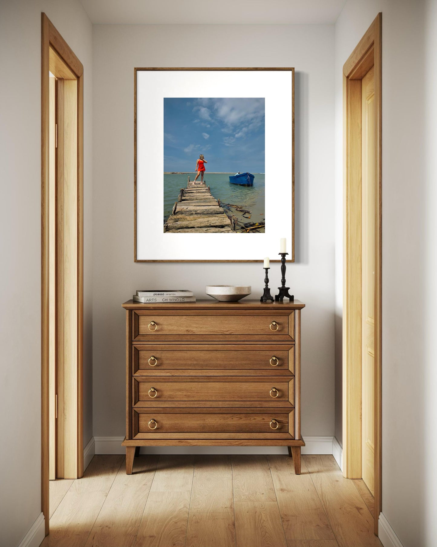 Rustic Pier Photography Print, Coastal Beach House Wall Art, Red Dress and Blue Boat Seascape, Limited Edition Decor - Banksy Art Inspired