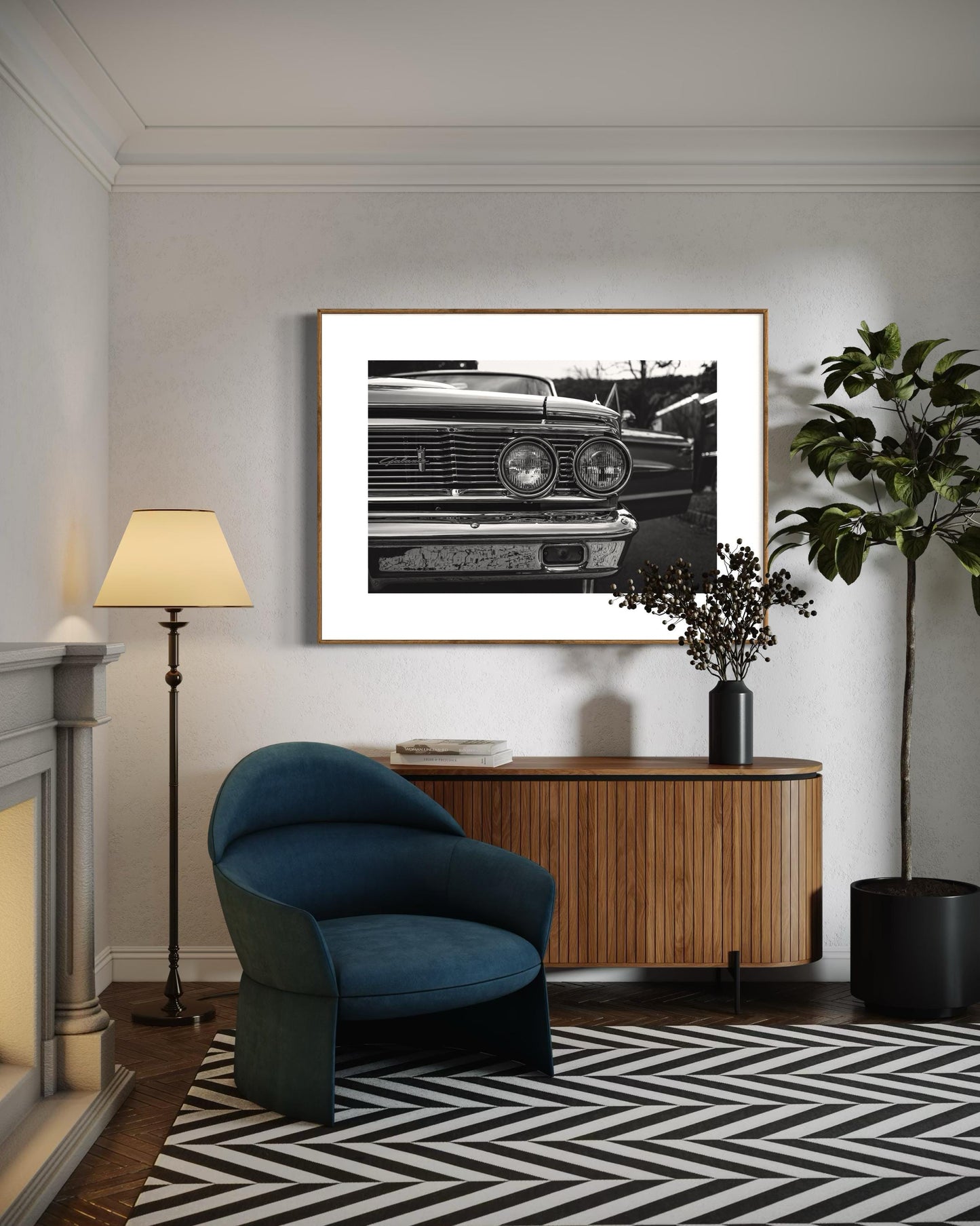 Fine Art Print - Black White Ford Galaxie Wall Art, Classic Americana Decor, Office,  Monochrome car decor, gift for him, garage decor