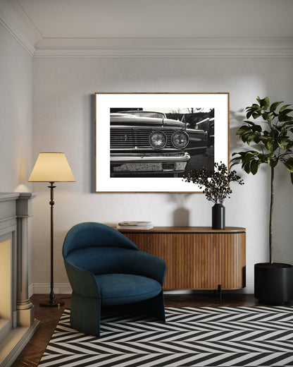 Fine Art Print - Black White Ford Galaxie Wall Art, Classic Americana Decor, Office,  Monochrome car decor, gift for him, garage decor