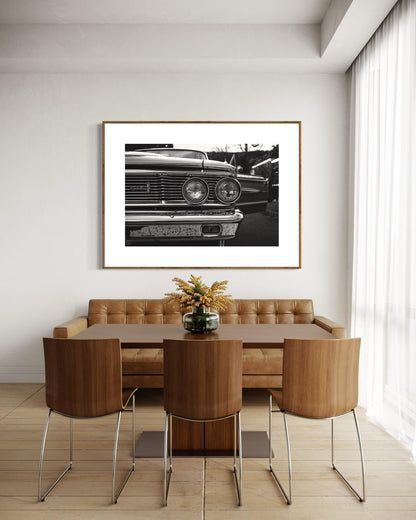 Fine Art Print - Black White Ford Galaxie Wall Art, Classic Americana Decor, Office,  Monochrome car decor, gift for him, garage decor