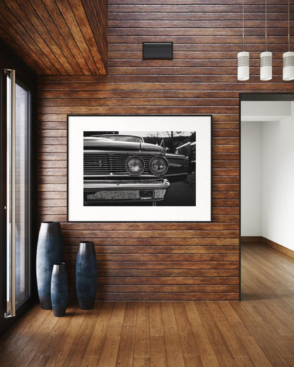 Fine Art Print - Black White Ford Galaxie Wall Art, Classic Americana Decor, Office,  Monochrome car decor, gift for him, garage decor