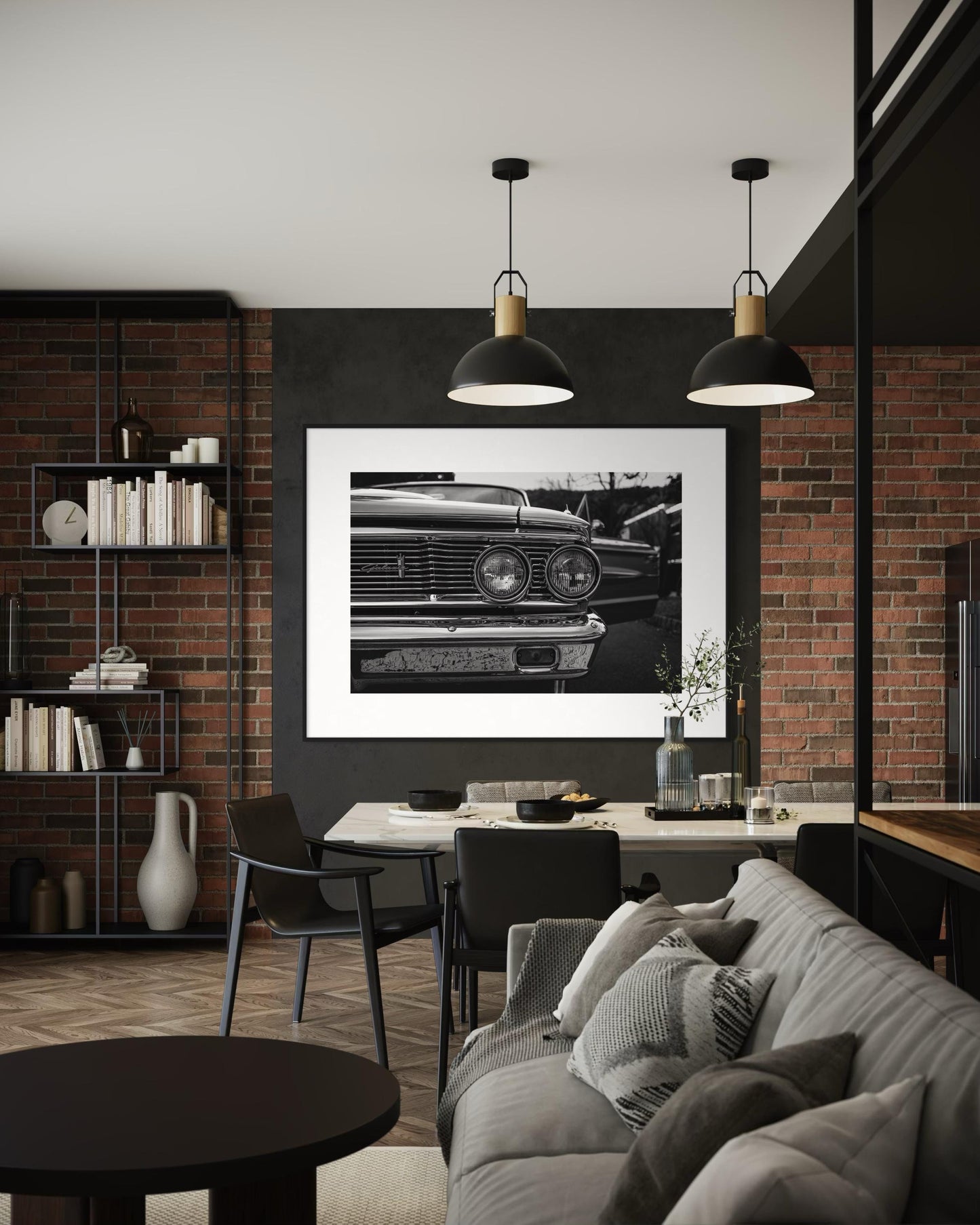 Fine Art Print - Black White Ford Galaxie Wall Art, Classic Americana Decor, Office,  Monochrome car decor, gift for him, garage decor
