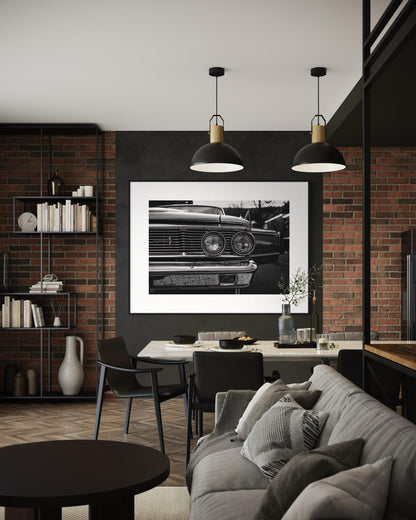 Fine Art Print - Black White Ford Galaxie Wall Art, Classic Americana Decor, Office,  Monochrome car decor, gift for him, garage decor
