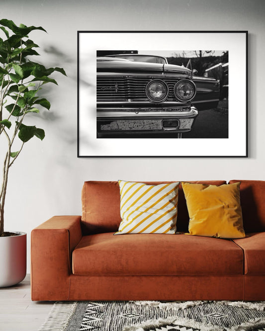 Fine Art Print - Black White Ford Galaxie Wall Art, Classic Americana Decor, Office,  Monochrome car decor, gift for him, garage decor