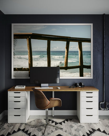 Fine Art Print - Coastal Beach Wall Art Print, Ocean View Through Wooden Fence, Tropical Beach, Relaxing Coastal Decor, Surfing Paradise