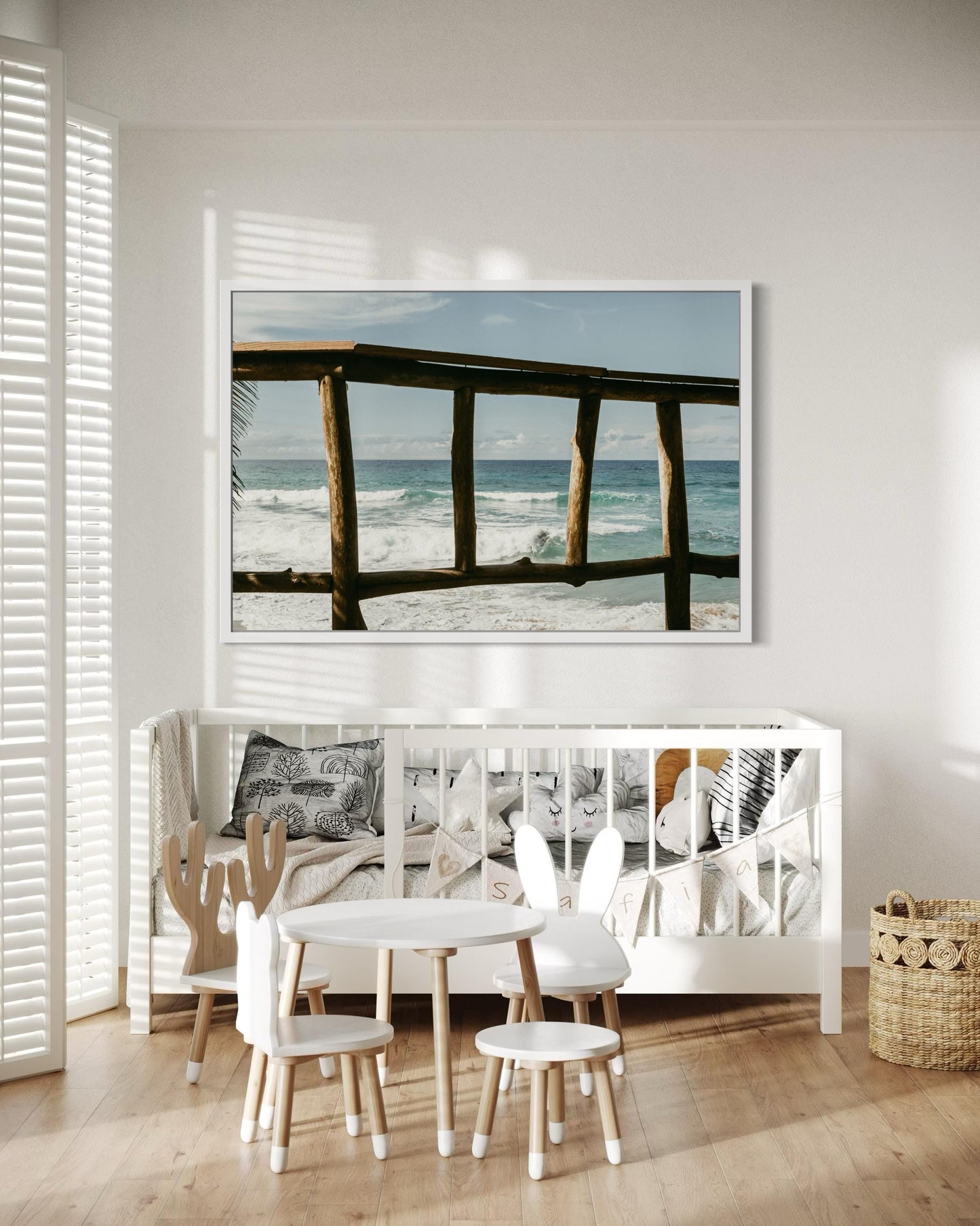 Fine Art Print - Coastal Beach Wall Art Print, Ocean View Through Wooden Fence, Tropical Beach, Relaxing Coastal Decor, Surfing Paradise