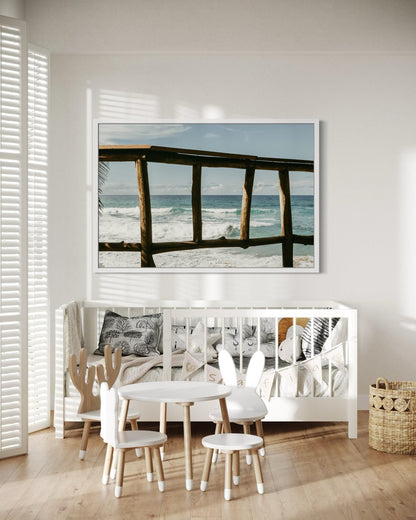 Fine Art Print - Coastal Beach Wall Art Print, Ocean View Through Wooden Fence, Tropical Beach, Relaxing Coastal Decor, Surfing Paradise