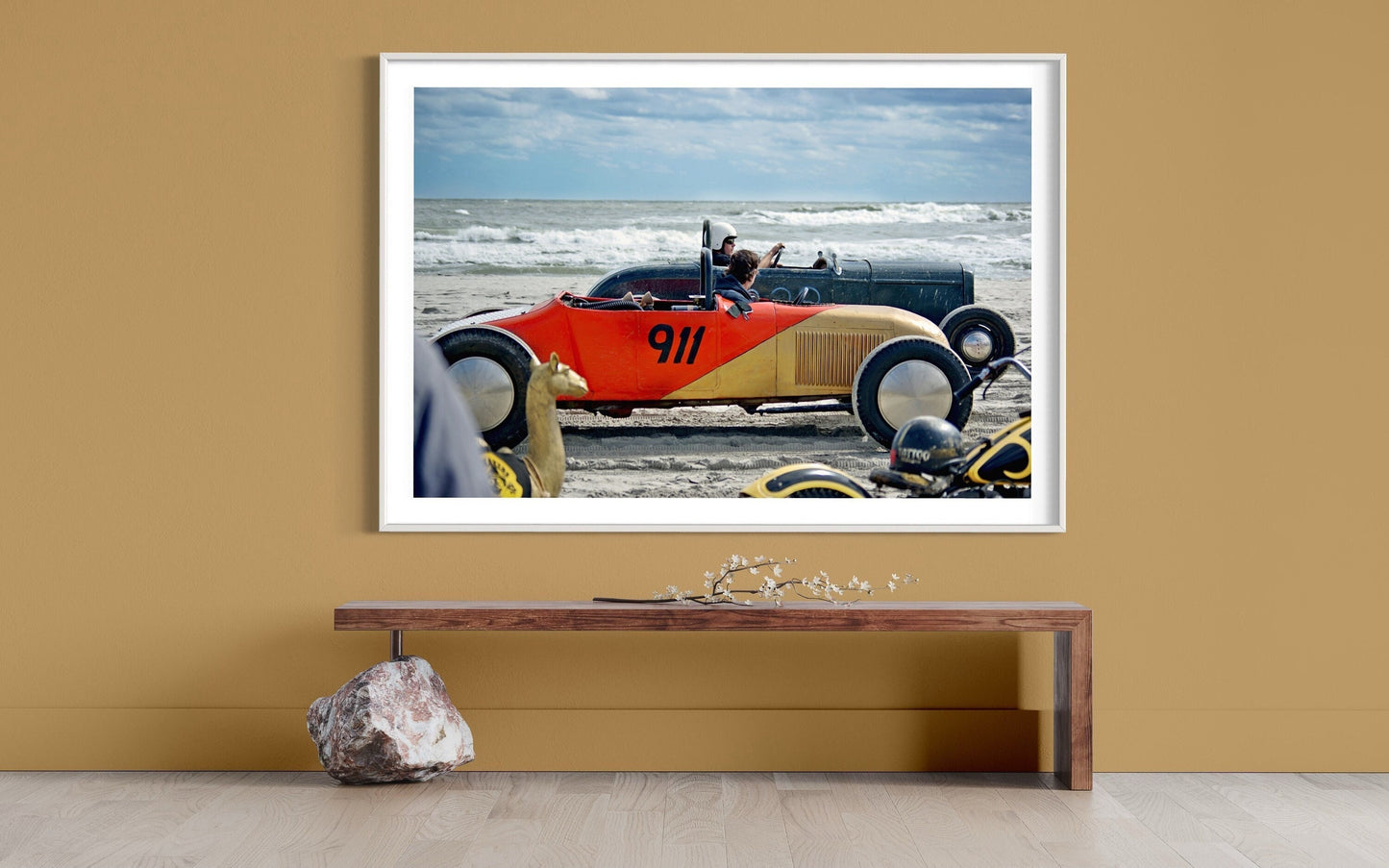 Fine Art  1920s Hot Rod Beach Drag Race: Art Deco  Red Gold Color Coastal Beach Decor