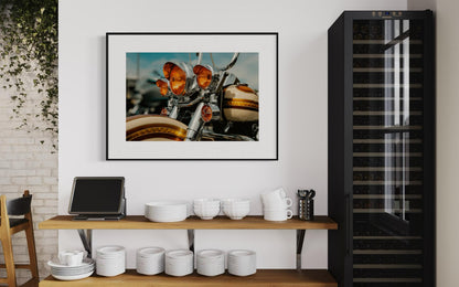 Classic Harley Davidson Motorcycle Chrome and Amber Lights Wall Art, Retro Bike Photography Print, Unique Decor for Biker Enthusiasts