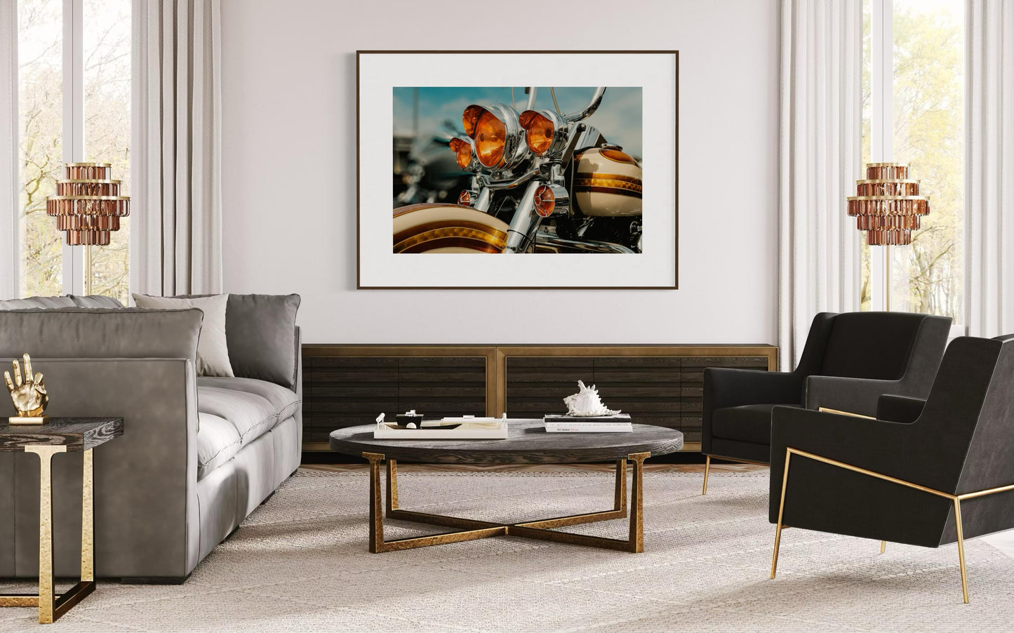 Classic Harley Davidson Motorcycle Chrome and Amber Lights Wall Art, Retro Bike Photography Print, Unique Decor for Biker Enthusiasts