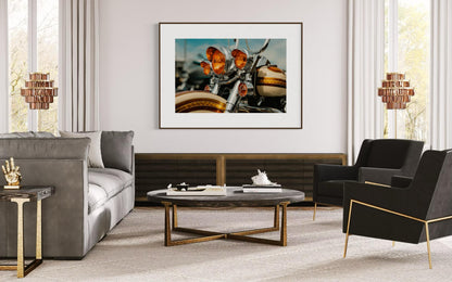 Classic Harley Davidson Motorcycle Chrome and Amber Lights Wall Art, Retro Bike Photography Print, Unique Decor for Biker Enthusiasts